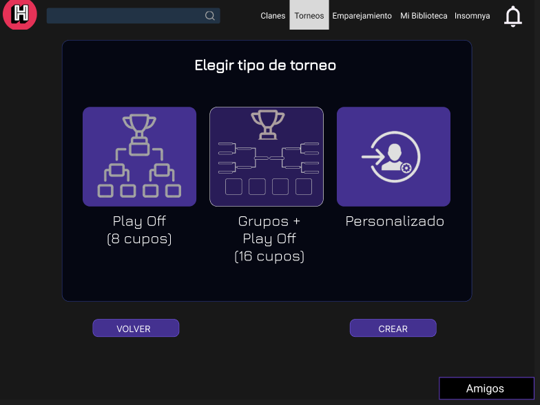 Captura de pantalla de los tipos de torneos