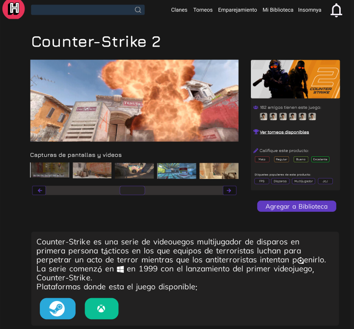 Captura de pantalla de la información de juegos
